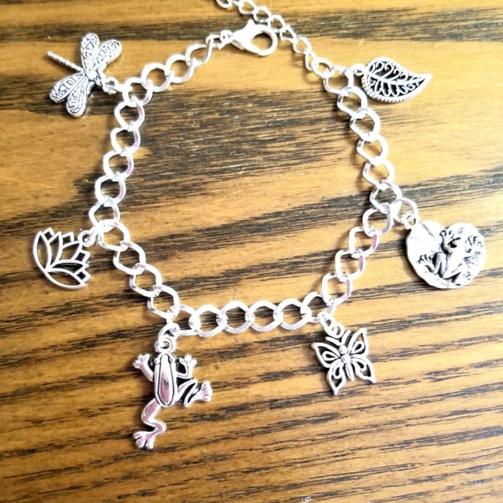 Silver Frog Charm Bracelet Frog Jewelry Dragonfly Butterfly Lily Pad Handmade